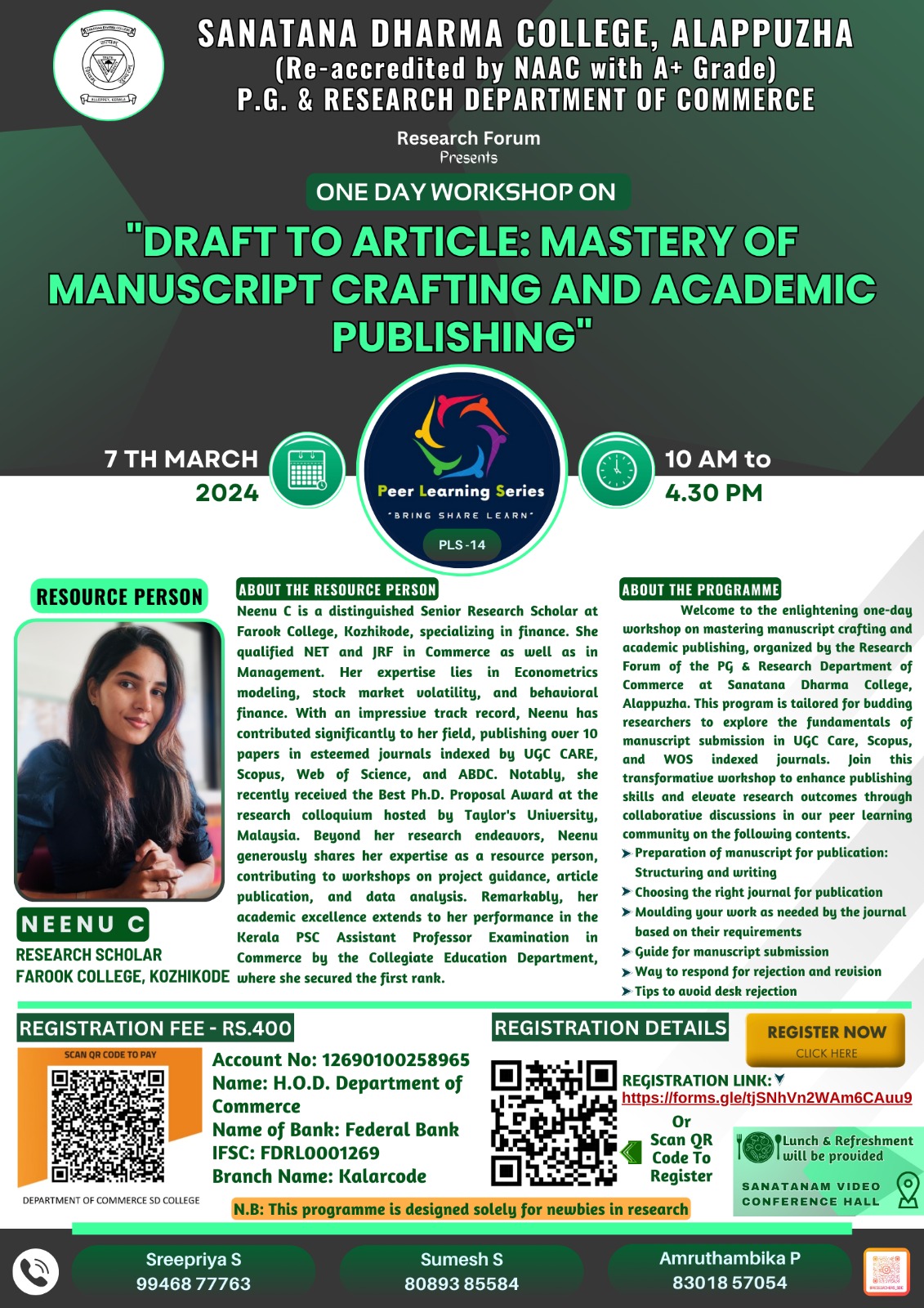 One Day Workshop on “Draft to Article : Mastery of Manuscript Crafting and Academic Publishing